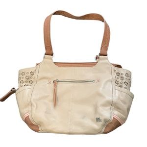THE SAK BAG KENDRA WORK TOTE LEATHER SHOULDER HANDBAG OFF WHITE TAN CUTOUTS …